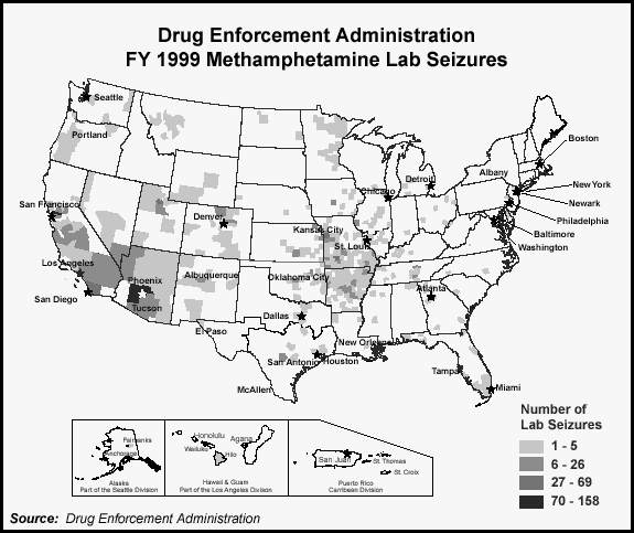 Figure 10: Drug Enforcement Administration FY 1999 Methamphetamine Lab Seizures. Map of the United States  showing locations and numbers of Drug Enforcement Administration FY 1999 Methamphetamine Lab Seizures