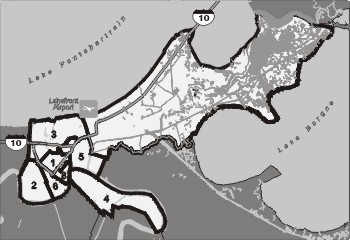 Map of New Orleans area showing division into 8 police districts.