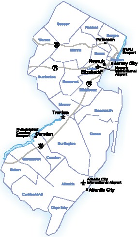 Map of New Jersey showing counties, principal cities, and interstate highways.