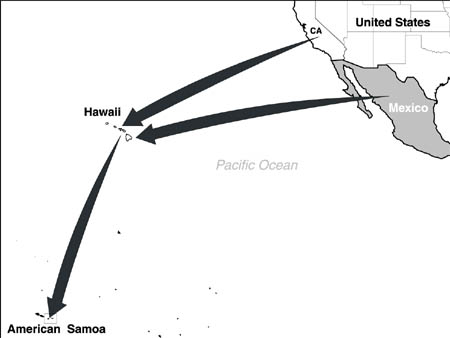 Map showing methamphetamine trafficking routes from Mexico and California to Hawaii and on to American Samoa.
