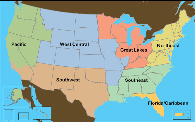 U.S. map showing the country divided into seven regions.