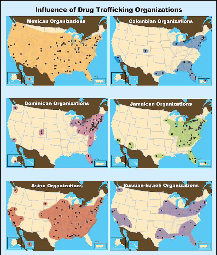 Six U.S. maps showing the areas of influence of Mexican, Colombian, Dominican, Jamaican, Asian, and Russian-Israeli drug trafficking organizations.