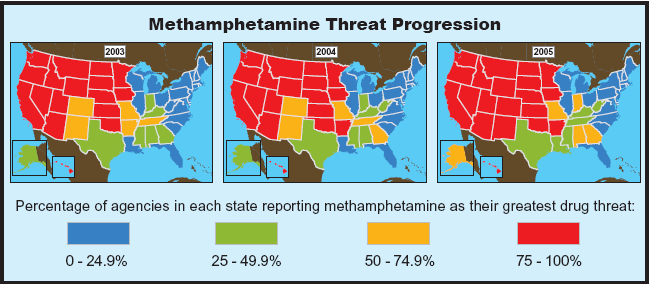 Three U.S. maps showing percentage of agencies in each state for the years 2003-2005 reporting methamphetamine as their greatest threat, broken down by year.