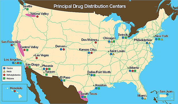 U.S. map showing cities and areas serving as principal drug distribution centers, broken down by drug.