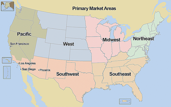 Map of the U.S. showing the six regions and Primary Market Areas for methamphetamine. 