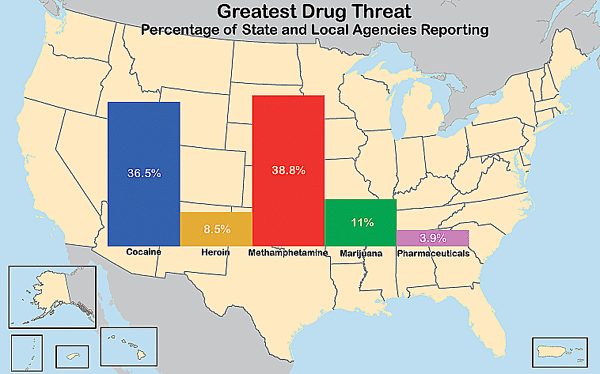 U.S. map with bar graph showing greatest drug threat as reported by state and local agencies superimposed.