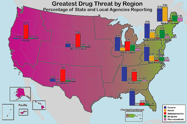 U.S. map with bar graphs showing greatest drug threats by region superimposed.