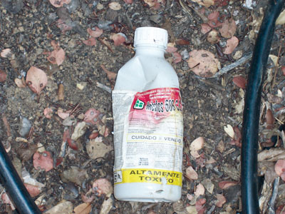 Photo showing a toxic insecticide bottle found at a cannabis cultivation operation in California, 2006.