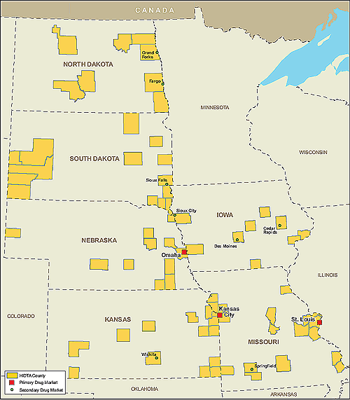 Map showing the primary and secondary drug markets within the Midwest HIDTA region.