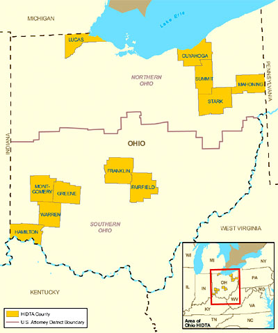 Map showing the Ohio High Intensity Drug Trafficking Area.