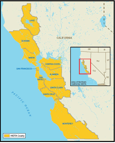 Map showing the Northern California High Intensity Drug Trafficking Area.