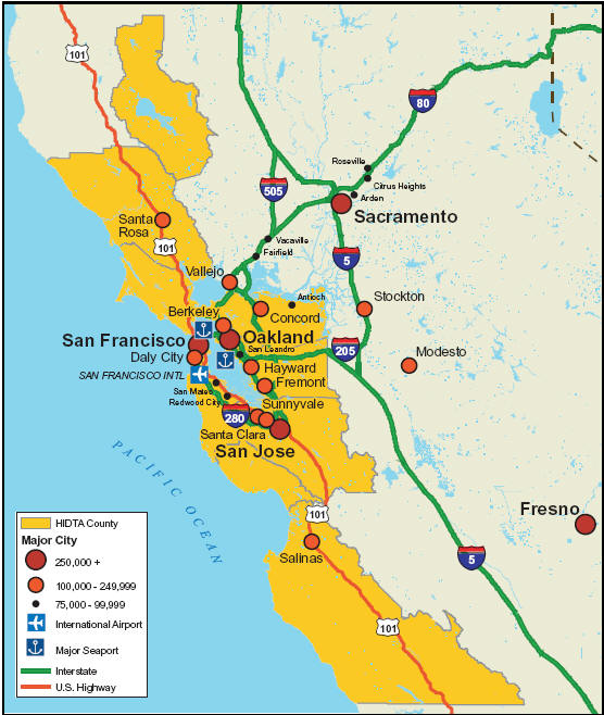 Map showing the Northern California HIDTA transportation infrastructure.