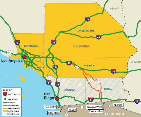 Map showing Los Angeles HIDTA transportation infrastructure.