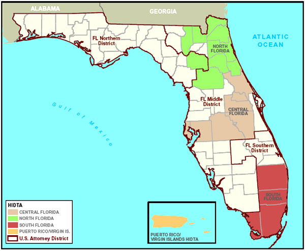 Map of the Florida/Caribbean showing HIDTAs and U.S. Attorney Districts.