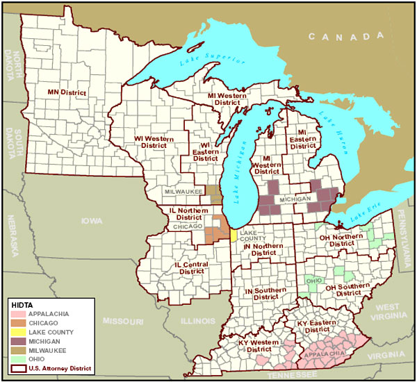 Map of the Great Lakes Region showing HIDTAs and U.S. Attorney Districts.
