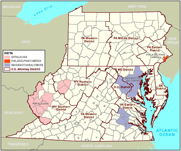 Map of the Mid-Atlantic Region showing HIDTAs and U.S. Attorney Districts.