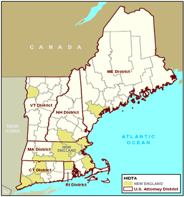Map of the New England Region showing HIDTAs and U.S. Attorney Districts.