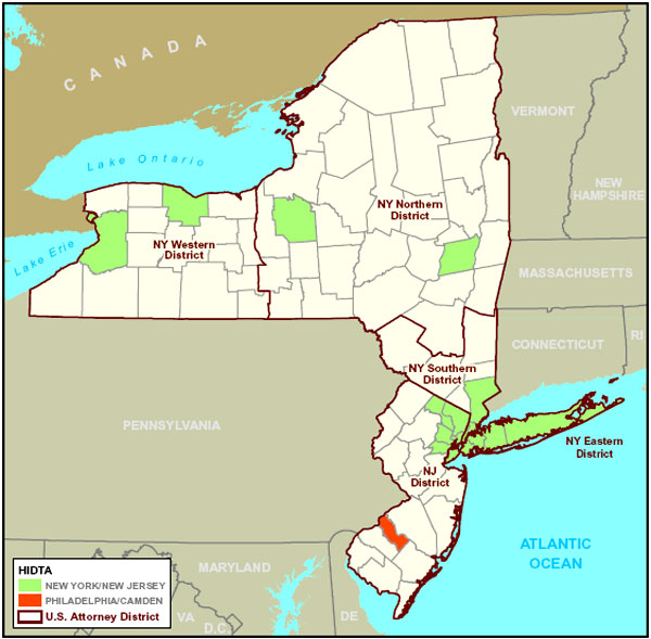 Map of the New York/New Jersey Region showing HIDTAs and U.S. Attorney Districts.