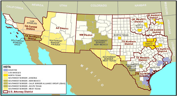 Map of the Southwest Region showing HIDTAs and U.S. Attorney Districts.