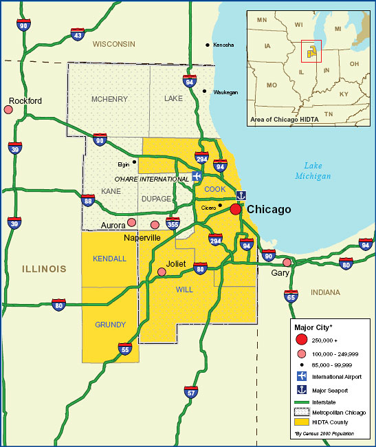 Map showing the Chicago High Intensity Drug Trafficking Area.