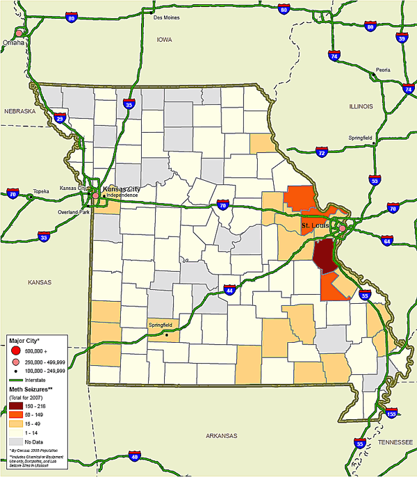Map showing Missouri counties where methamphetamine laboratories were seized in 2007.