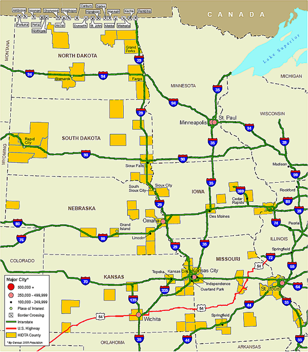 Map of the Midwest HIDTA region showing the transportation infrastructure.