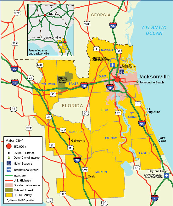 Map showing the North Florida HIDTA transportation infrastructure.