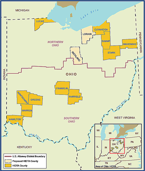 Map showing the Ohio High Intensity Drug Trafficking Area.