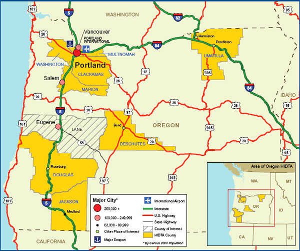 Map showing the Oregon High Intensity Drug Trafficking Area.
