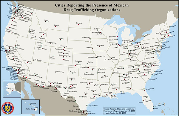 U.S. map showing cities reporting the presence of Mexican drug trafficking organizations.