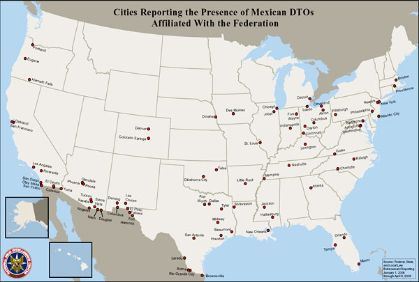 U.S. map showing cities reporting the presence of Mexican DTOs affiliated with the Federation.