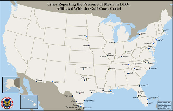 U.S. map showing cities reporting the presence of Mexican DTOs affiliated with the Gulf Coast Cartel.