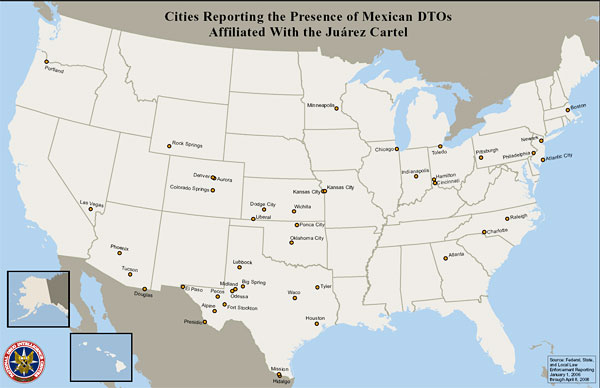 U.S. map showing cities reporting the presence of Mexican DTOs affiliated with the Jurez Cartel.