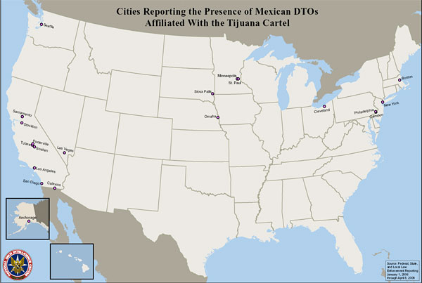 U.S. map showing cities reporting the presence of Mexican DTOs affiliated with the Tijuana Cartel.