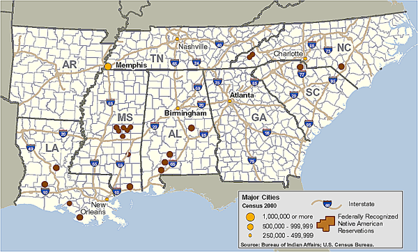 Map of the Southeast OCDETF Region showing federally recognized Native American reservations.