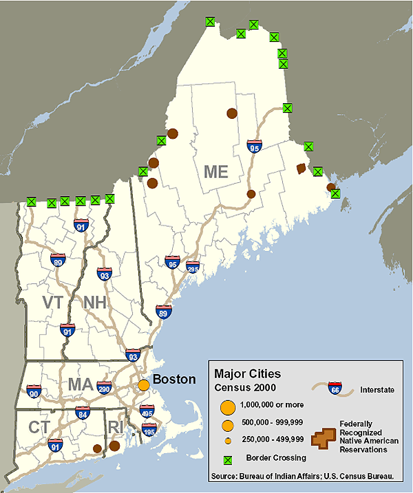 Map of the New England OCDETF Region showing federally recognized Native American reservations.