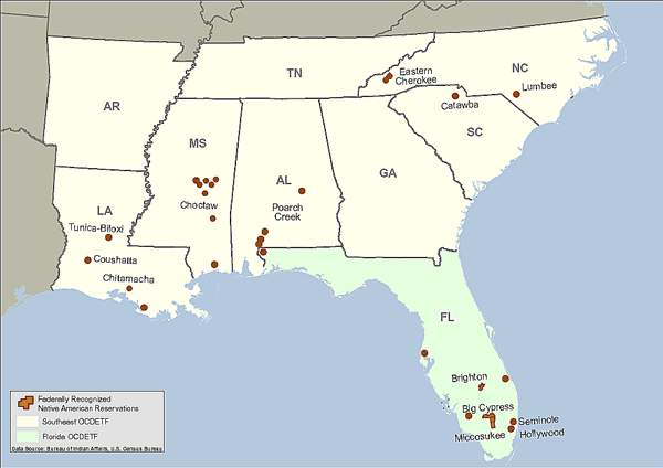Map of the Southeast and Florida/Caribbean OCDETF Regions showing the locations of federally recognized reservations.