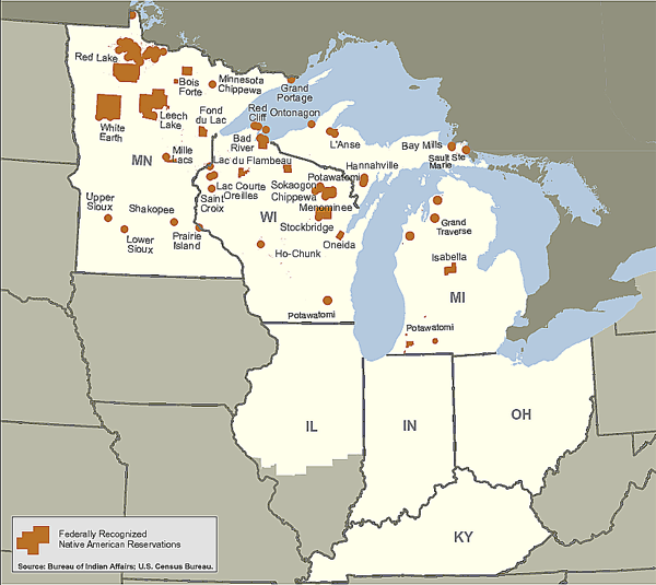 Map of the Great Lakes OCDETF Region showing the locations of federally recognized reservations.