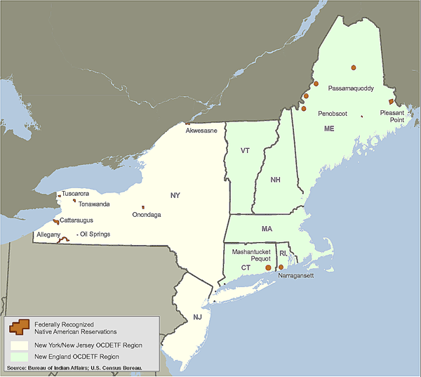 Map of the New York/New Jersey and New England OCDETF Regions showing the locations of federally recognized reservations.