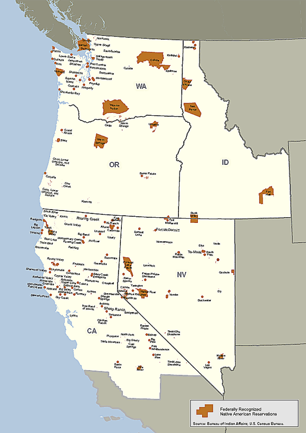 Map of the Pacific OCDETF Region showing the locations of federally recognized reservations.