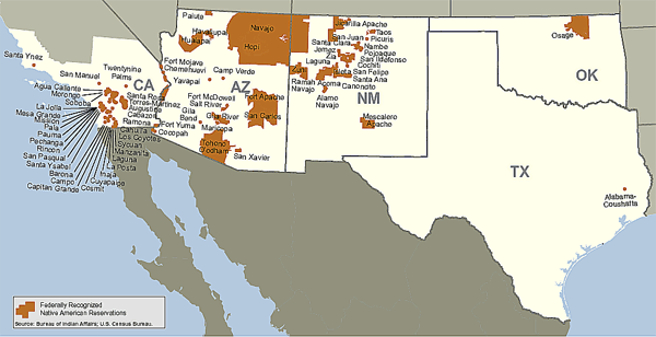 Map of the Southwest OCDETF Region showing the locations of federally recognized reservations.