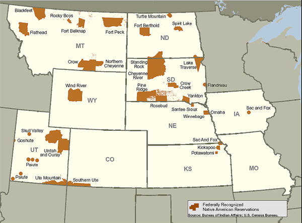 Map of the West Central OCDETF Region showing the locations of federally recognized reservations.