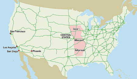 Map ot the U.S. showing Los Angeles, Phoenix, San Diego, San Francisco, and the central states of Arkansas, Iowa, and Missouri as Primary Market Areas for methamphetamine.