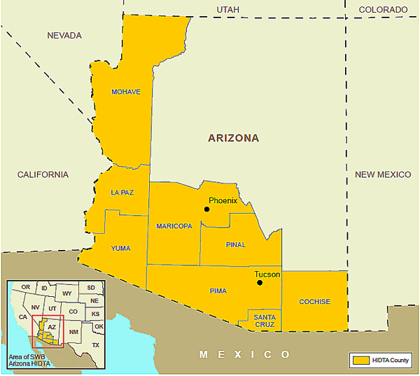 Map showing the Arizona High Intensity Drug Trafficking Area.