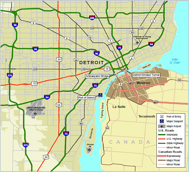 Map showing the international border area between Detroit, Michigan, and Windsor, Ontario.