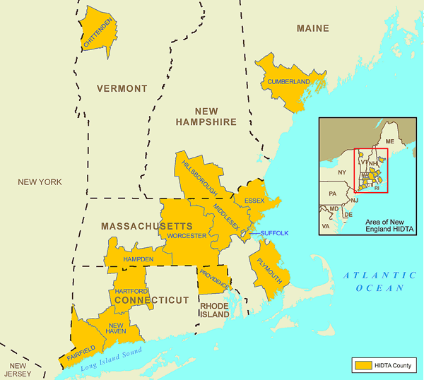 Map showing the New England High Intensity Drug Trafficking Area.