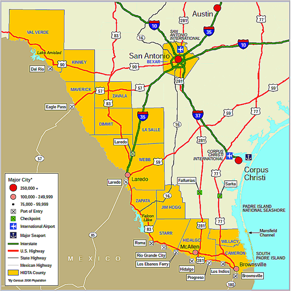 Map showing the South Texas HIDTA region transportation infrastructure.