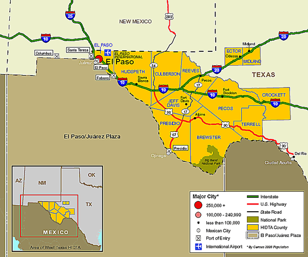 Map showing the West Texas High Intensity Drug Trafficking Area.