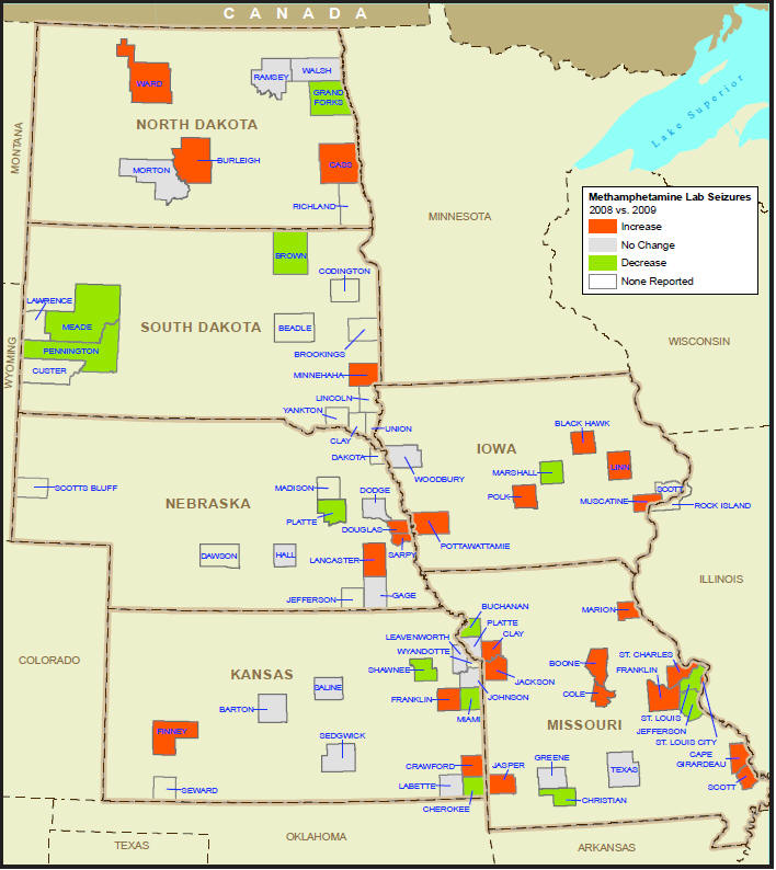 Change in Methamphetamine Laboratory Seizures, Midwest HIDTA Counties, 2008 and 2009.