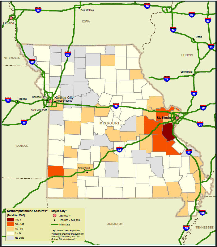 Methamphetamine Laboratory Seizures in Missouri, by County, 2009
